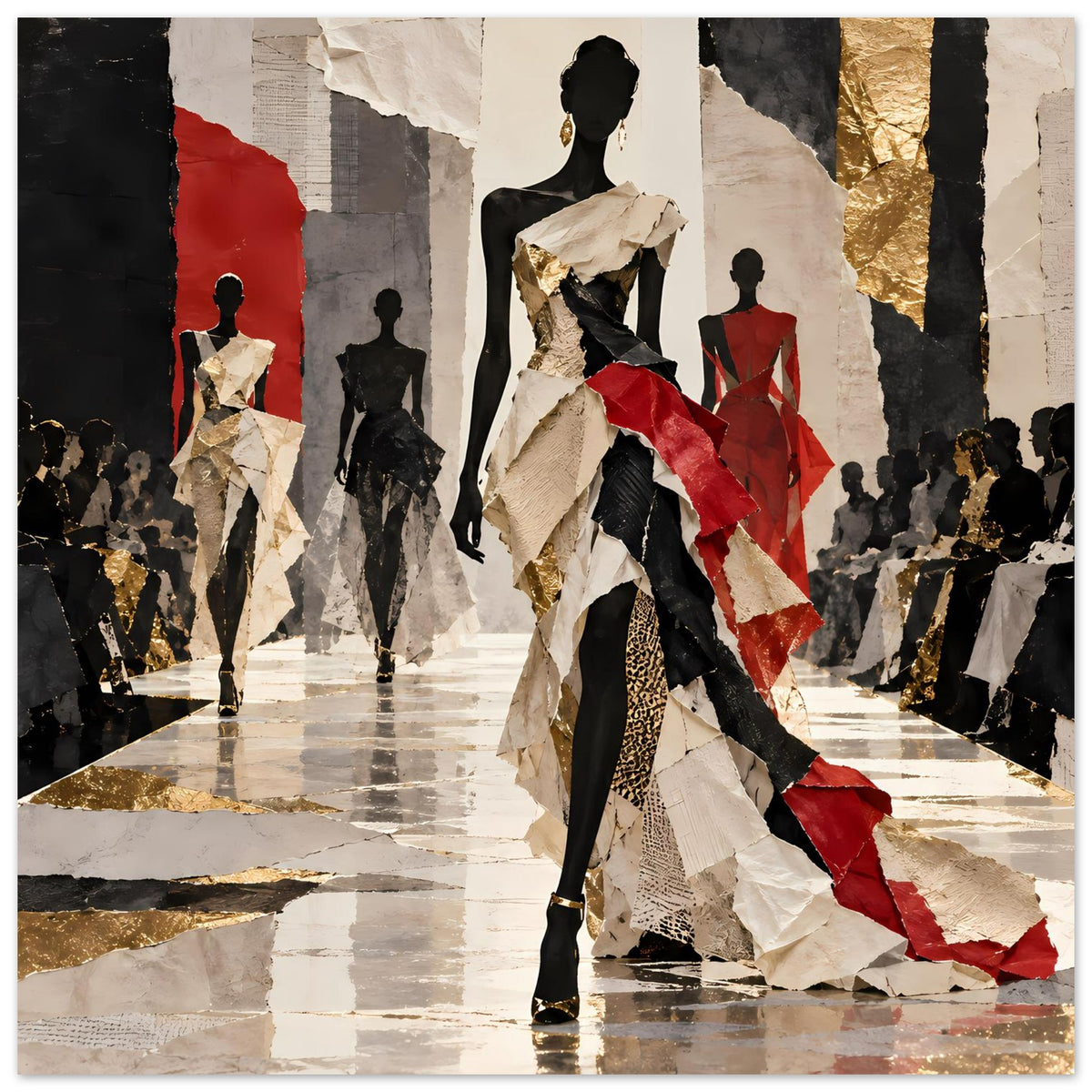 Modeposter mit Laufsteg-Figuren, Schwarz, Rot und Gold, elegante Kleid-Silhouetten