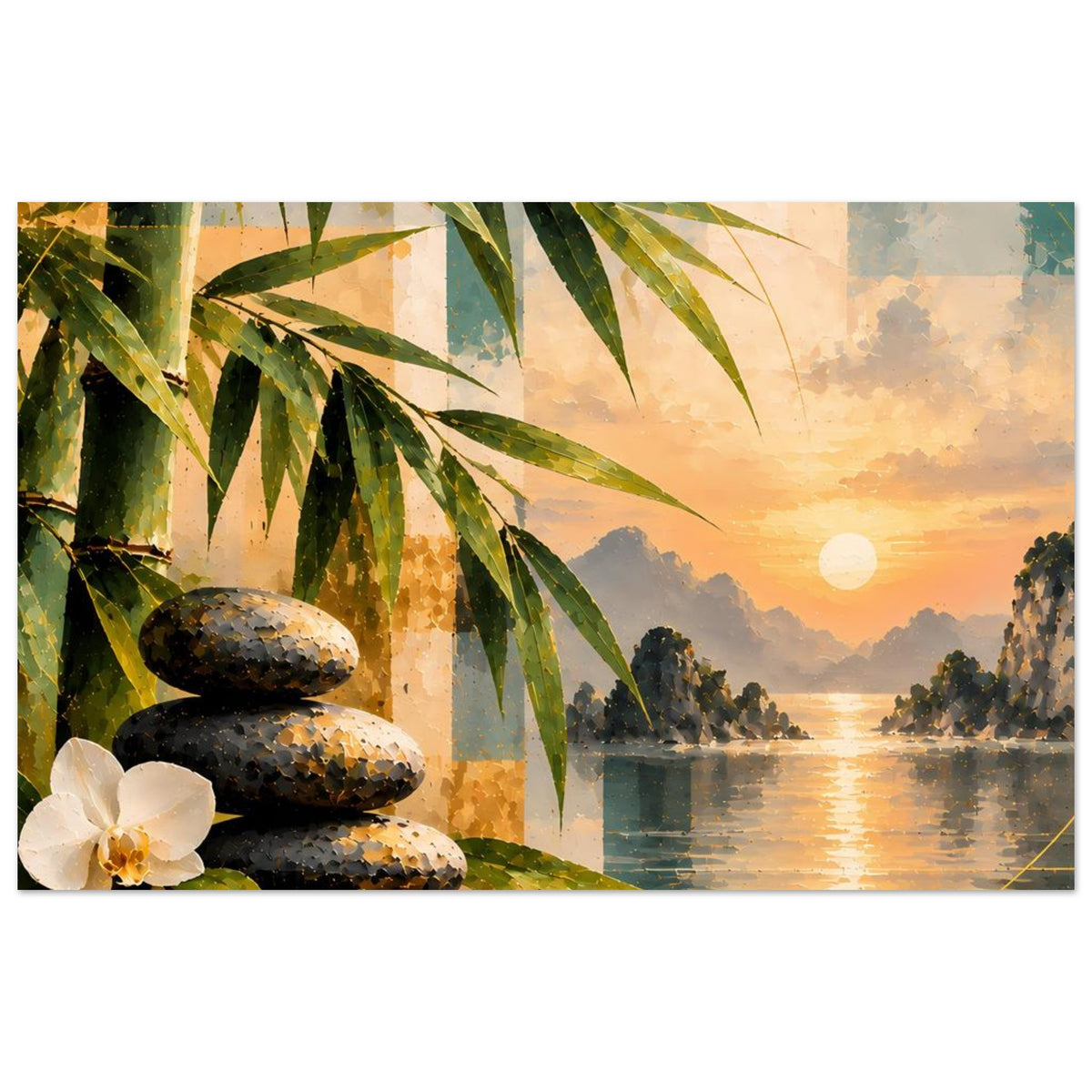 Kunstposter mit Sonnenuntergangs-See, Bambuszweigen, dunklen Steinen und Orchideenblüte
