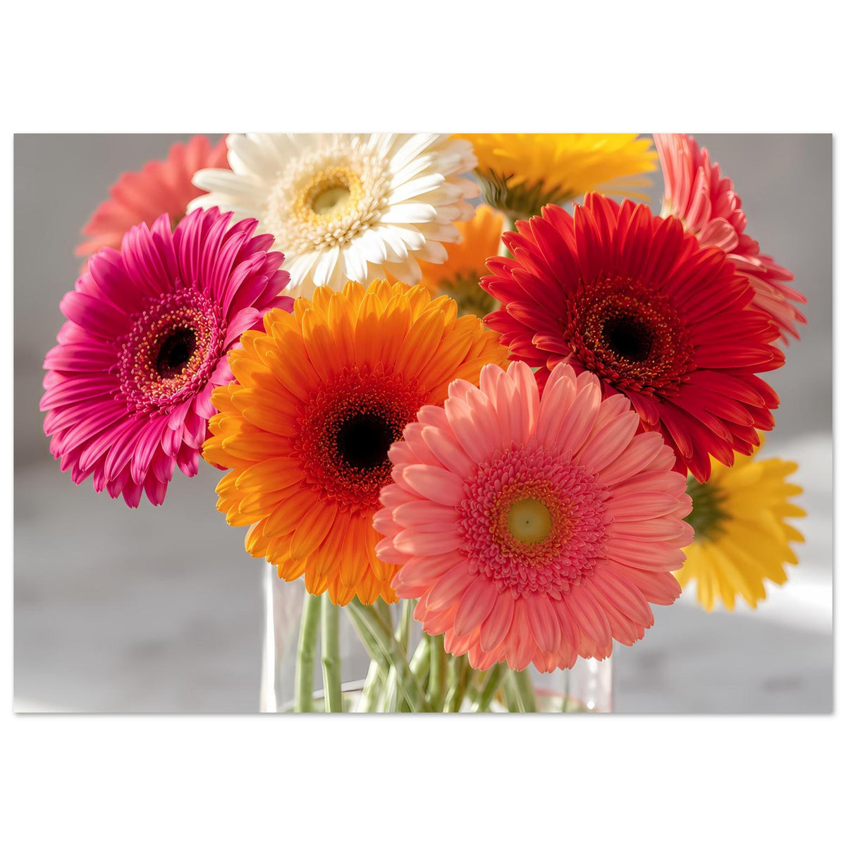 Breites Poster mit bunten Gerbera-Blüten im Glas, klare Farben auf mattem Papier