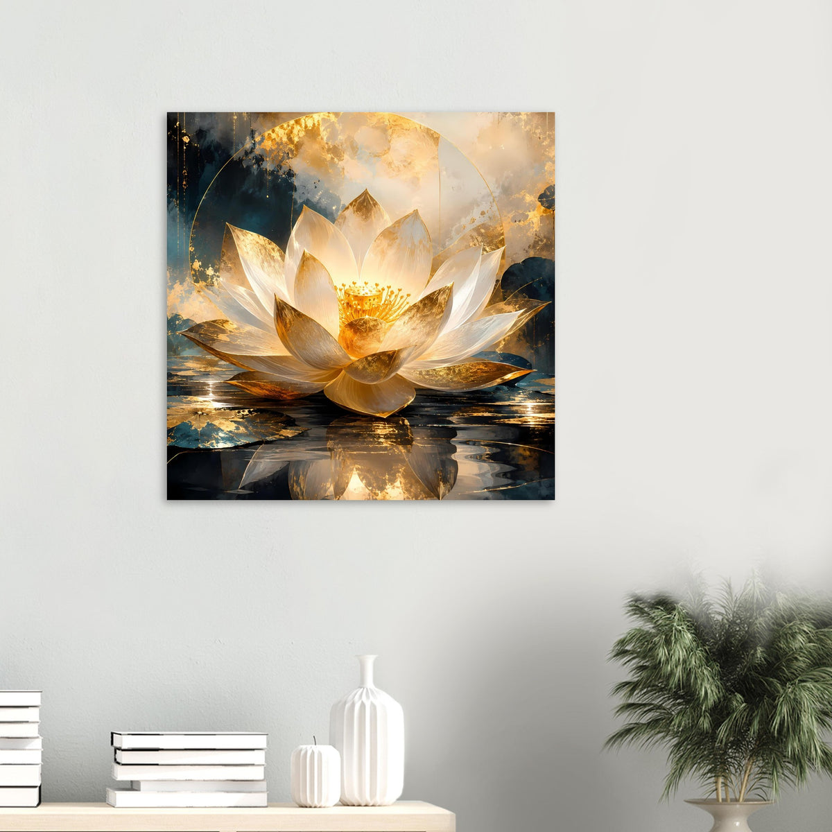 Quadratisches Kunstposter mit weißer Lotusblüte auf spiegelndem Wasser, goldene Akzente