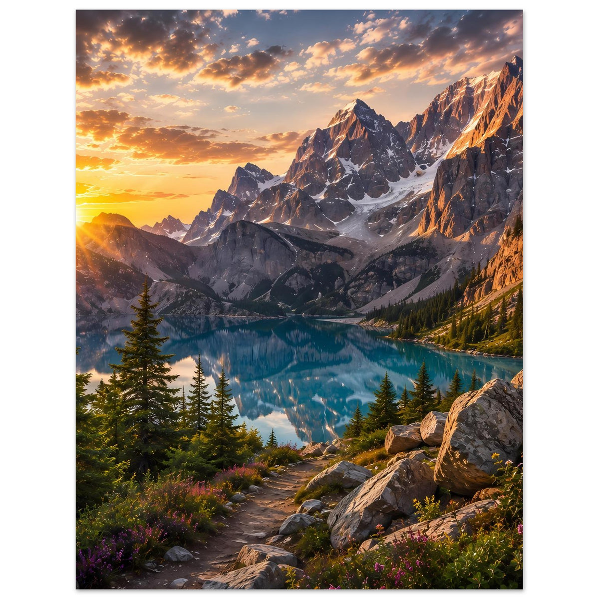 Poster mit Alpenlandschaft: Berggipfel, türkis See, Sonnenaufgangslicht und Felsenpfad.