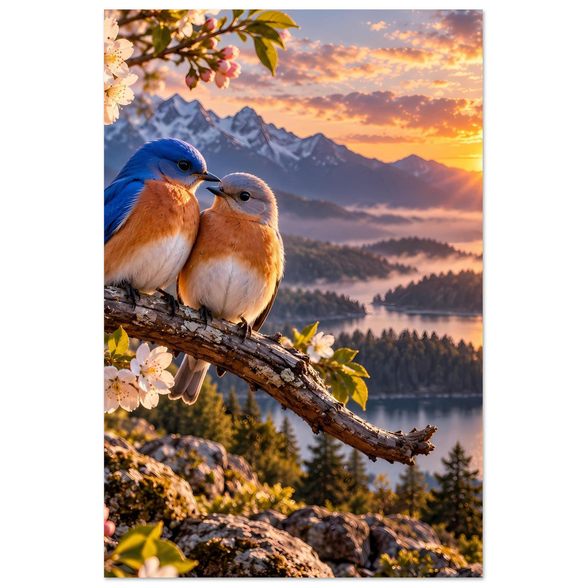 Hochformat-Poster mit zwei Vögeln auf Ast, Blütenzweig links, Abendhimmel mit Sonne