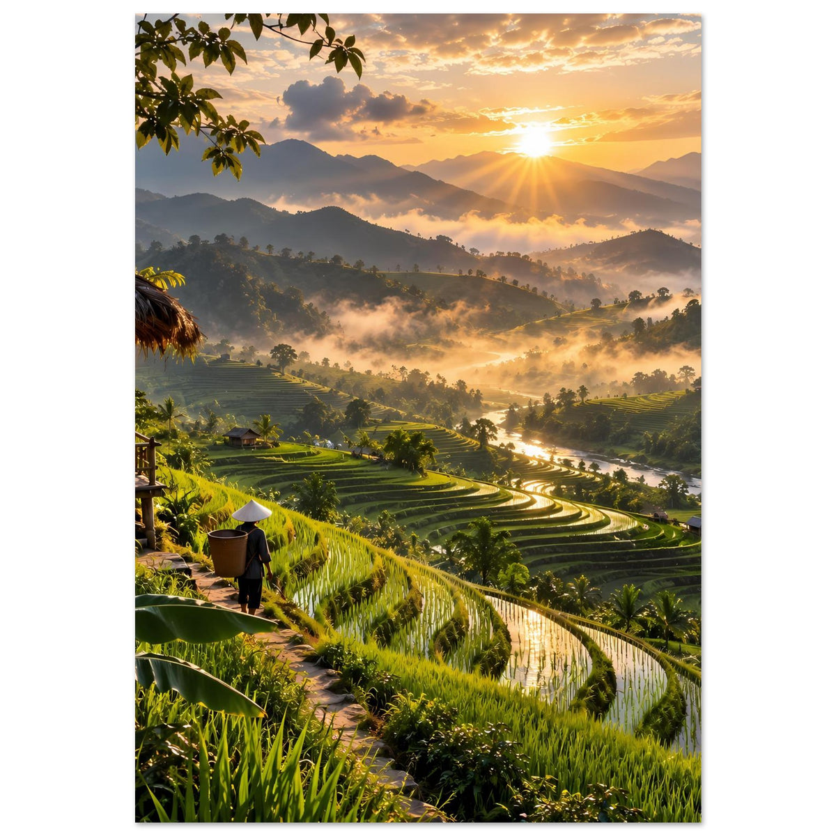 Landschaftsposter im Hochformat: Sonnenaufgang über Reisterrassen, Nebel und Hügel