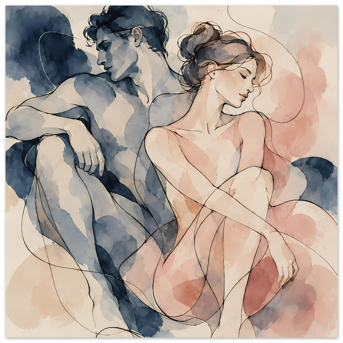 Aquarell-Paarposter im Hochformat: Umarmendes Paar, dunkles Blau und Rosatöne, fließende Linien