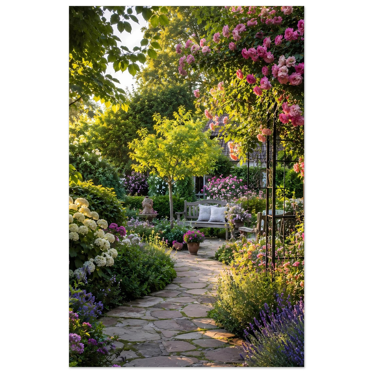 Vertikales Gartenposter: blühende Sträucher, schmaler Steinweg und Rankgerüst