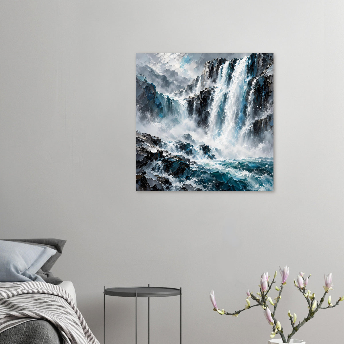 Kleines Wasserfall-Poster an der Wand mit stürzendem Wasser und blauem Meerblick