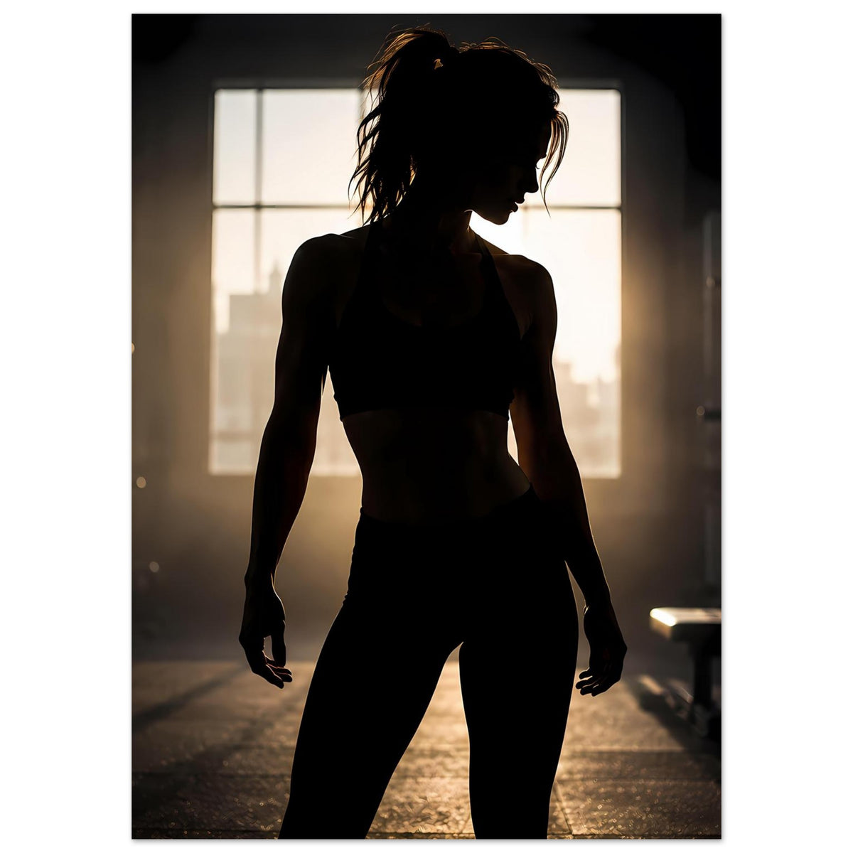 Fitness-Poster mit Silhouette einer Sportlerin, sportliches Outfit aus Top und Leggings