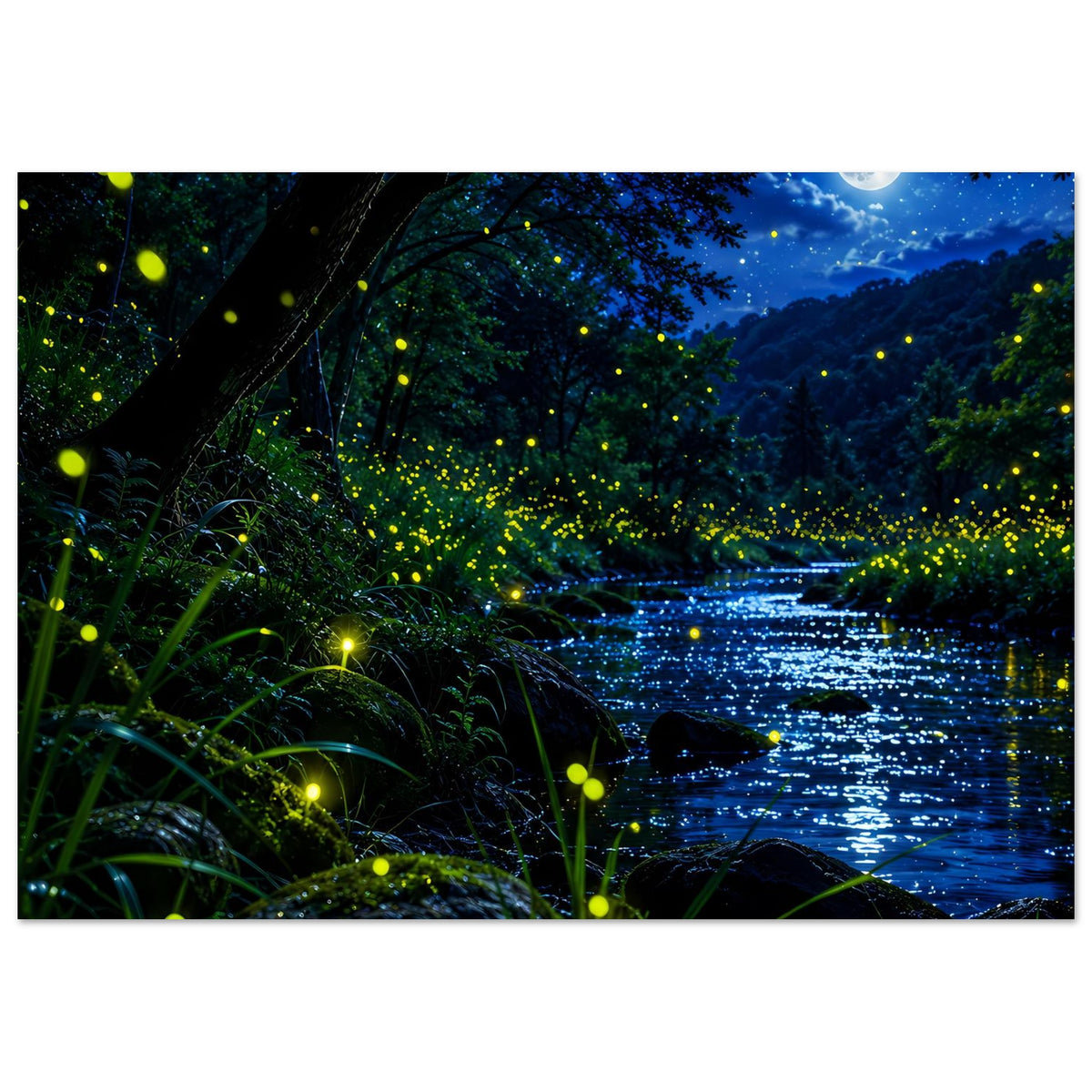 Wandposter mit nächtlichem Fluss im Wald und leuchtenden Glühwürmchen, horizontal