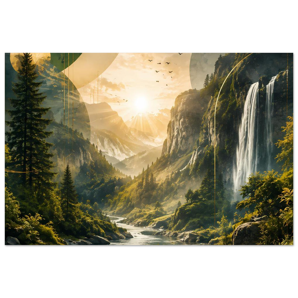 Landschaftsposter mit Wasserfall rechts, Talmündung und goldener Dämmerungsstimmung