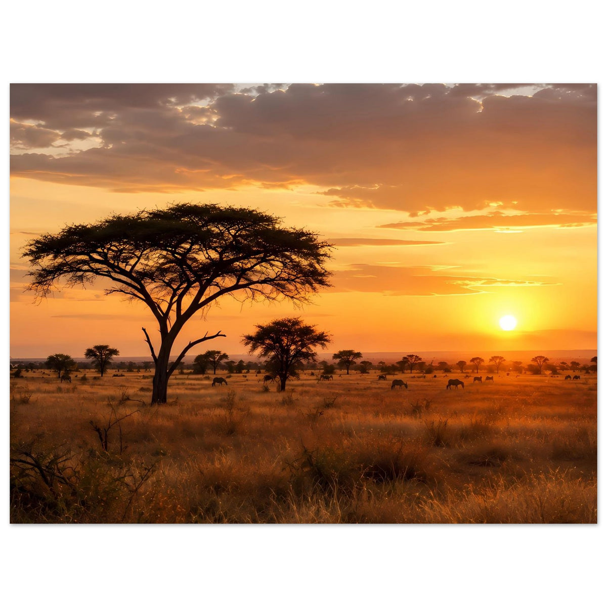 Poster mit Akazienbaum und Savannenlandschaft bei Sonnenuntergang, Tierherde im Hintergrund