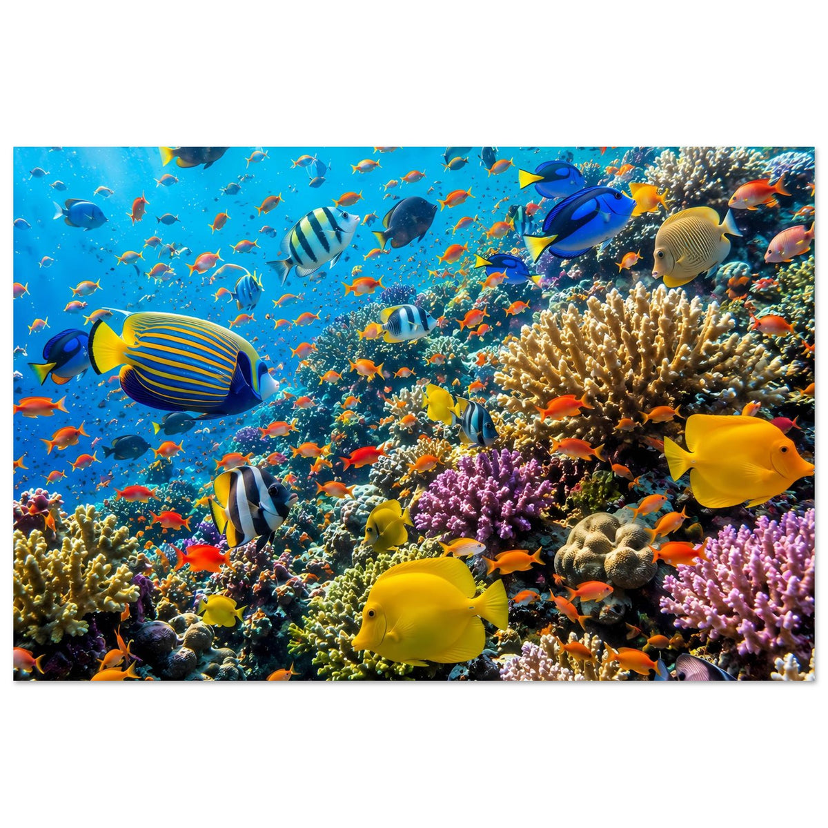 Poster im Querformat: Korallenriff mit vielen tropischen Fischen und bunten Korallen