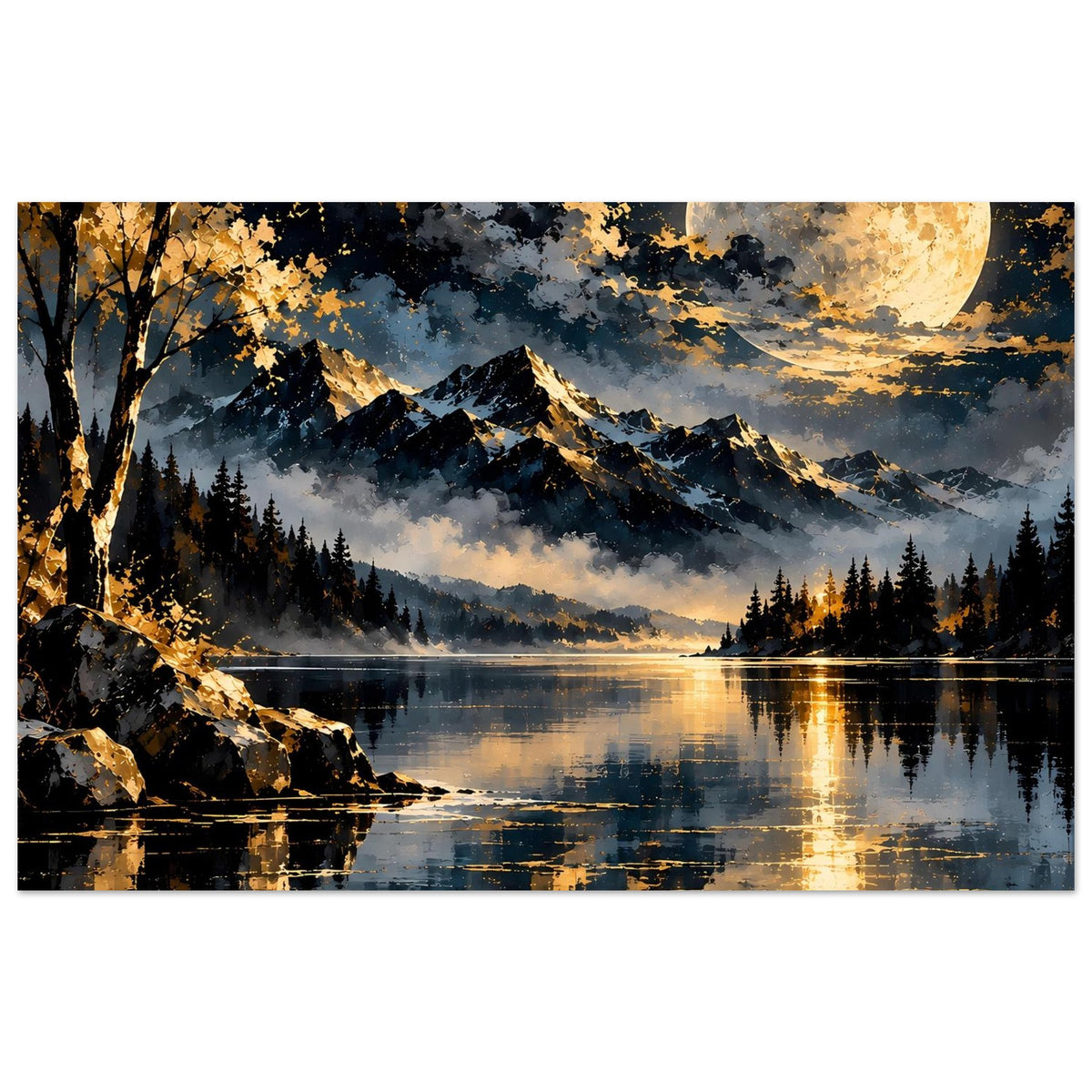 Landschaftsposter im Querformat: Bergsilhouetten, Vollmond und goldene Lichtreflexe