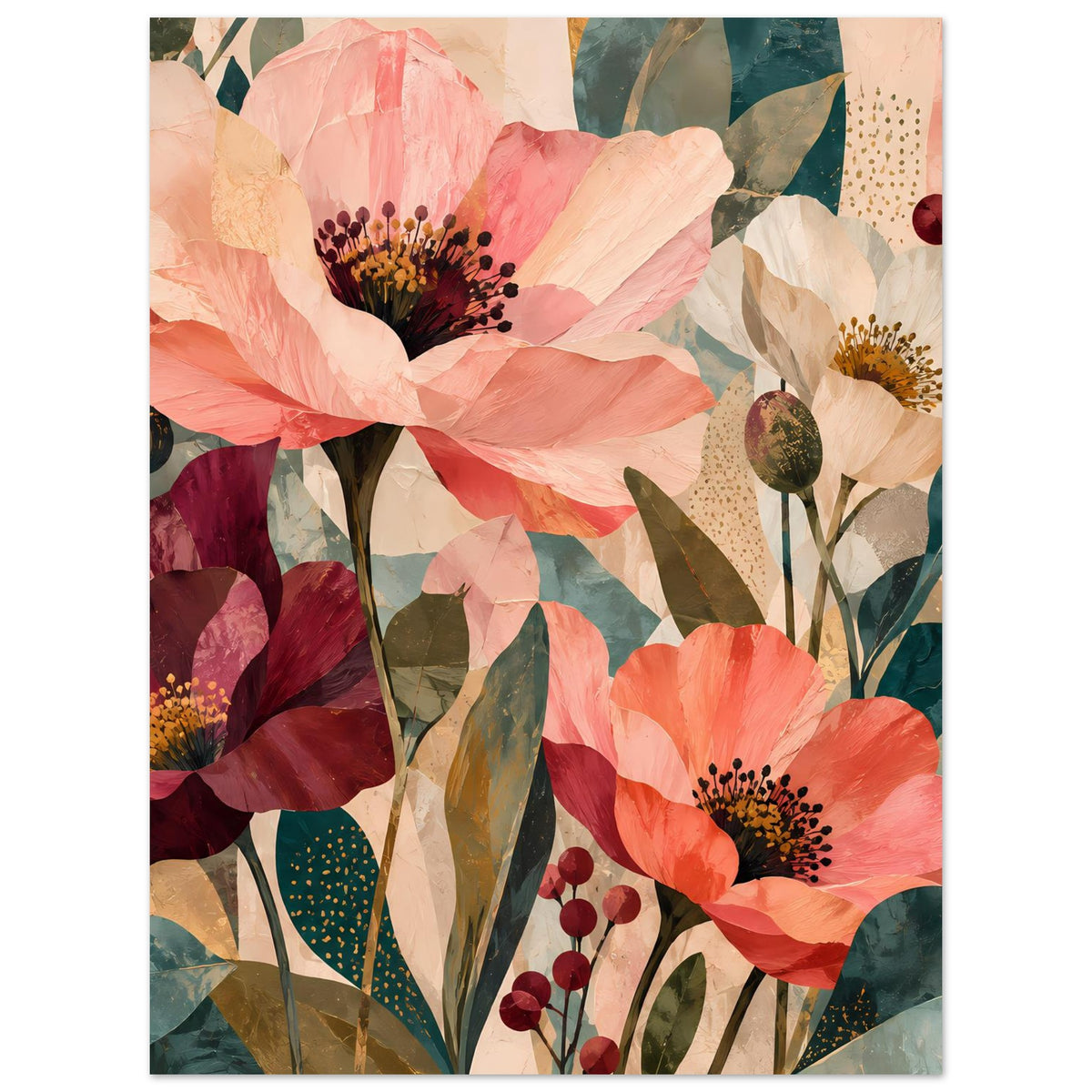 Blumen-Artposter mit Korallen-, Creme- und Burgundnuancen, Blütenköpfen und Blattwerk