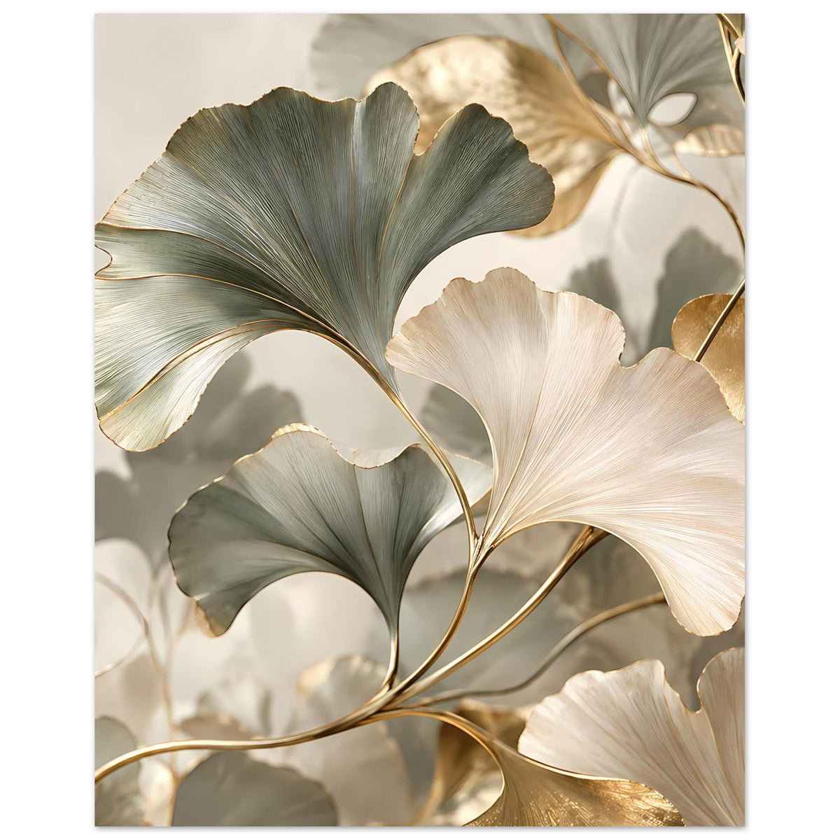 Poster mit Ginkgo-Blättern in Grün, Creme und Gold; Fokus auf große, überlappende Blätter