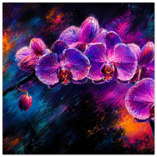 Blumenposter mit violettrosa Orchideenblüten und farbigen Farbwirbeln im leuchtenden Stil