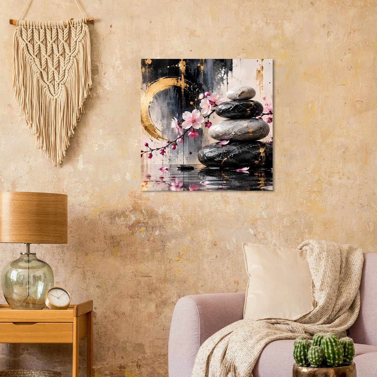 Poster: schwarze Zen-Steinsäule mit rosa Kirschblüten und goldenem Halbmond