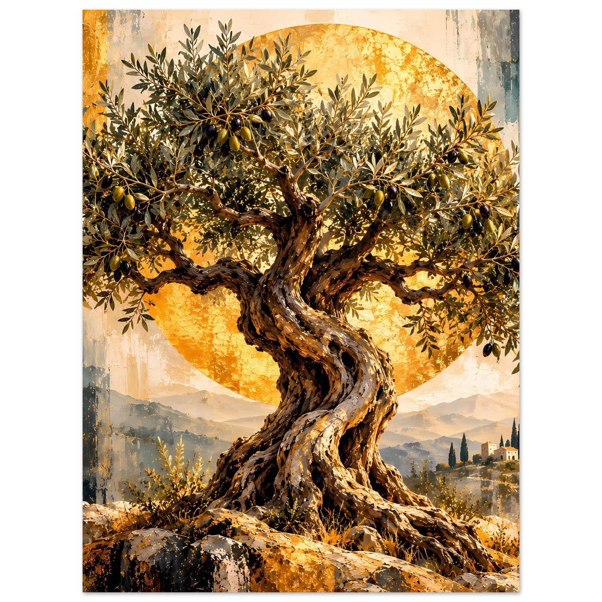 Poster mit Olivenbaum-Design, goldene Blätter und tiefen Schatten am gewundenen Hauptstamm