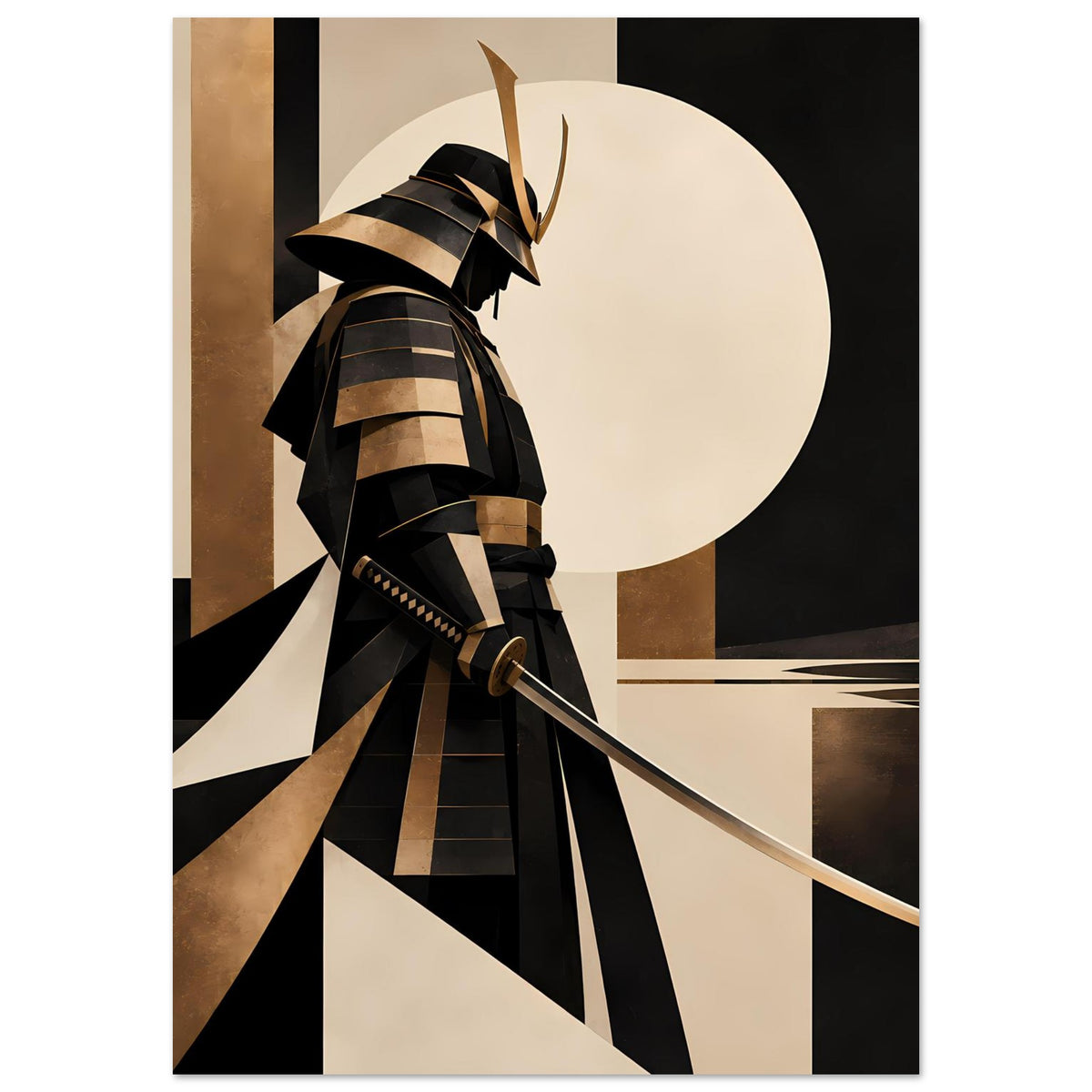 Kunstposter mit Samurai-Silhouette, Schwert diagonal, Gold-Schwarz-Kontraste und Kreisform