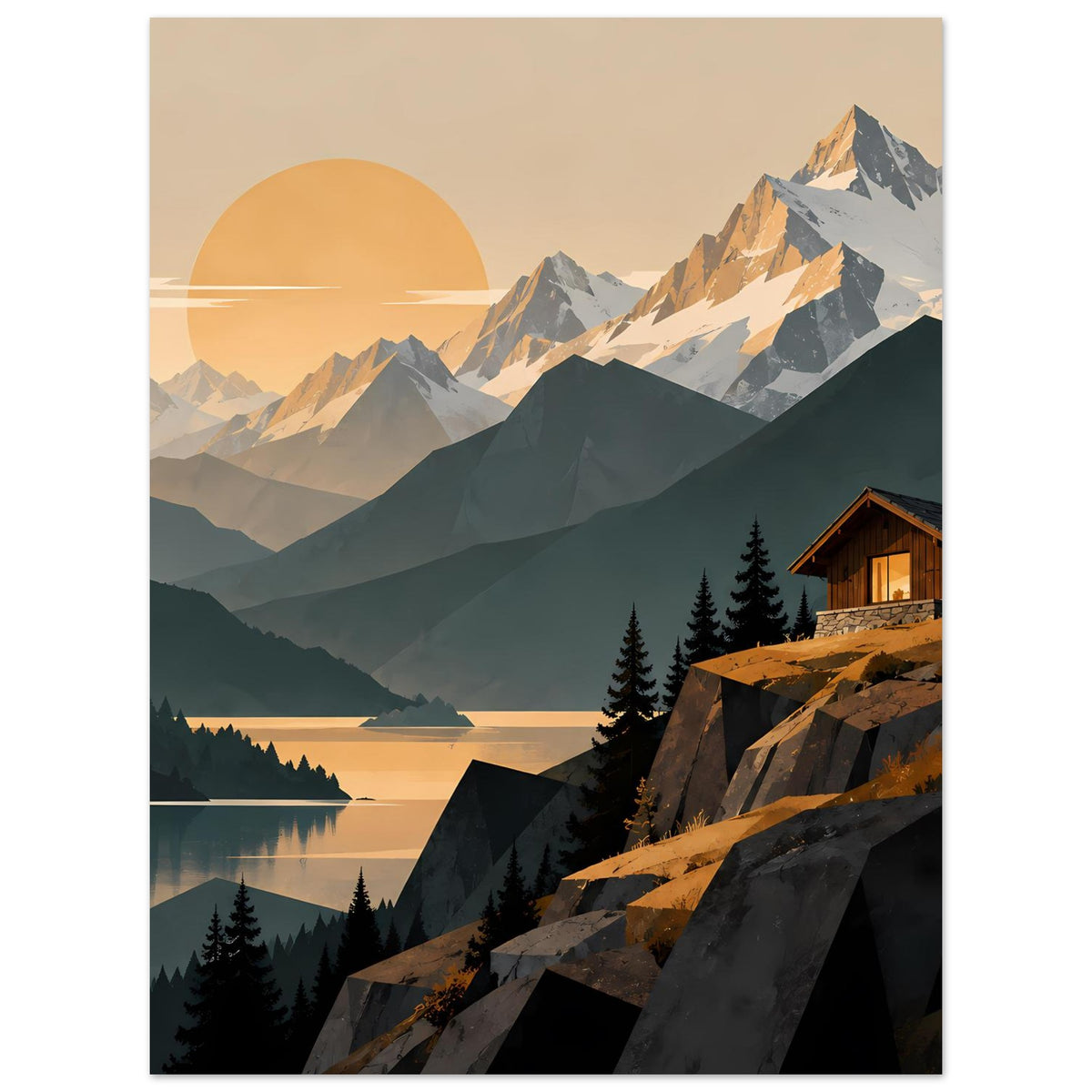 Wandposter Alpenlandschaft: Berge, See, Sonnenscheibe und Holzhaus, Vordergrundfelsen im Detail