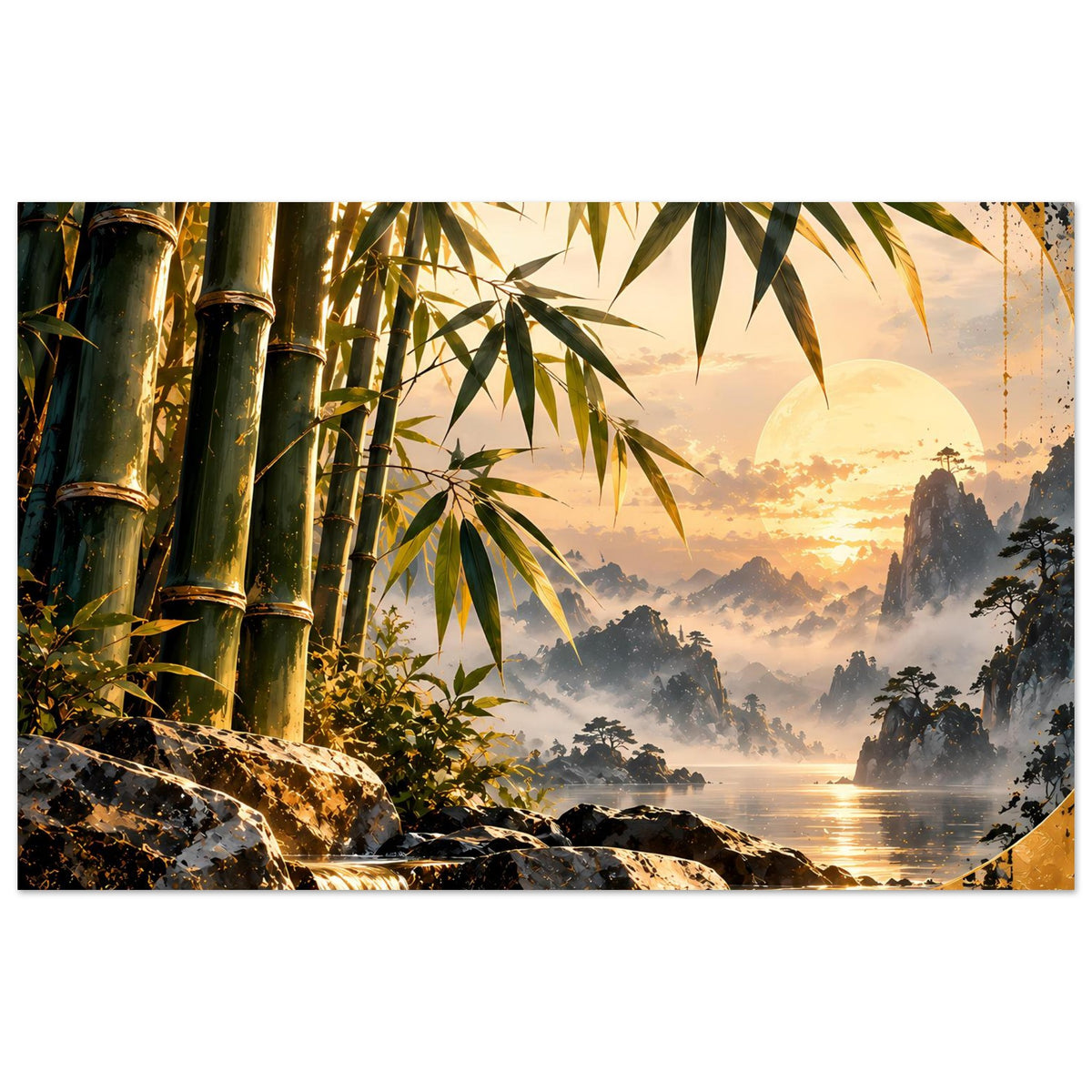 Zen-Bambus-Sonnenuntergangs-Poster mit Bambus, Felsen und Wasserfall im Dämmerlicht