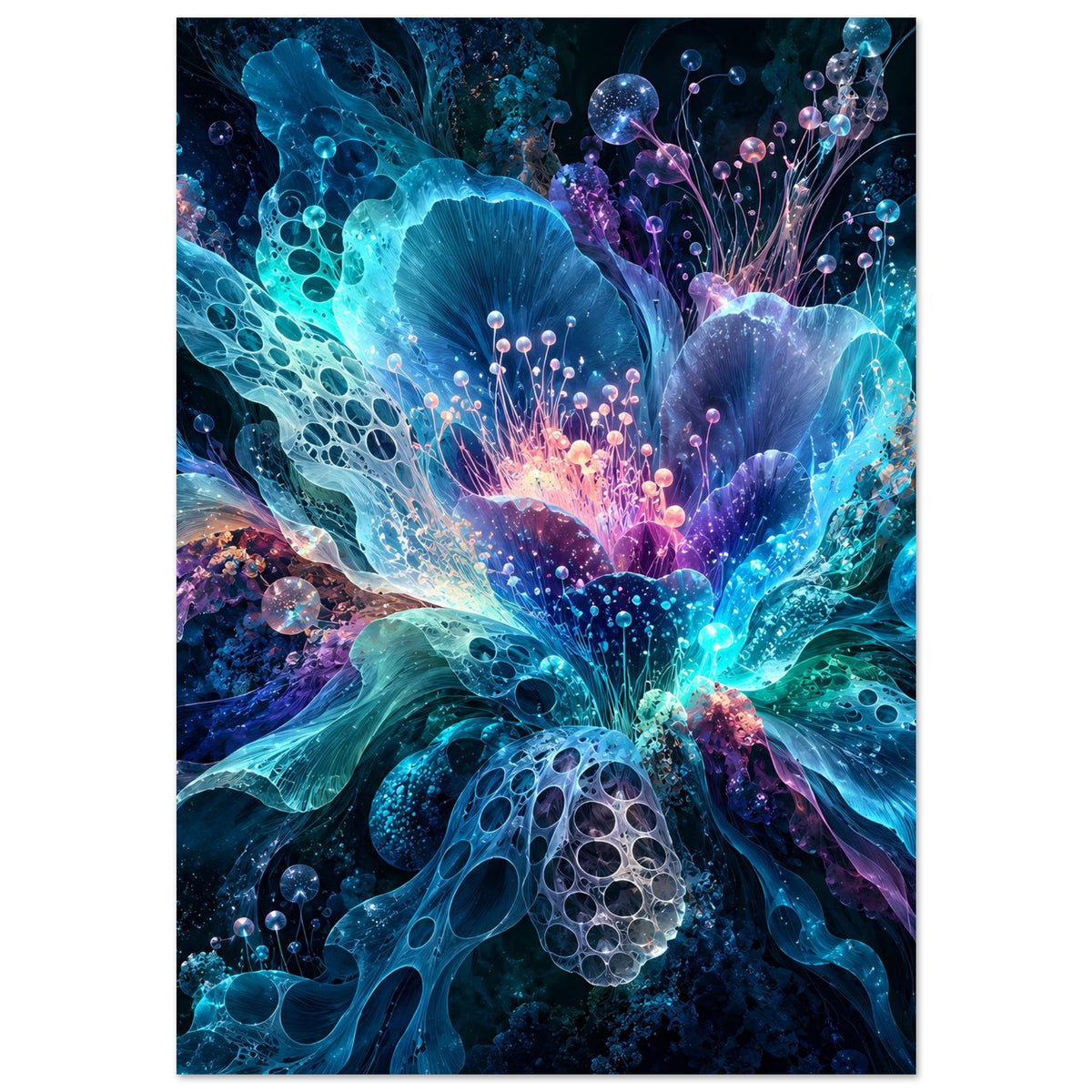 Hochformatiges Blumenposter mit abstrakten, leuchtenden Blüten in Blau und Violett