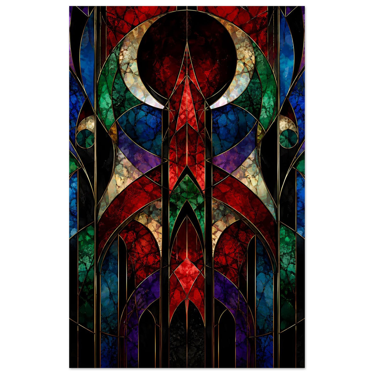 Art-déco-Poster mit farbigem Buntglas-Mosaik, geometrisch und vertikal