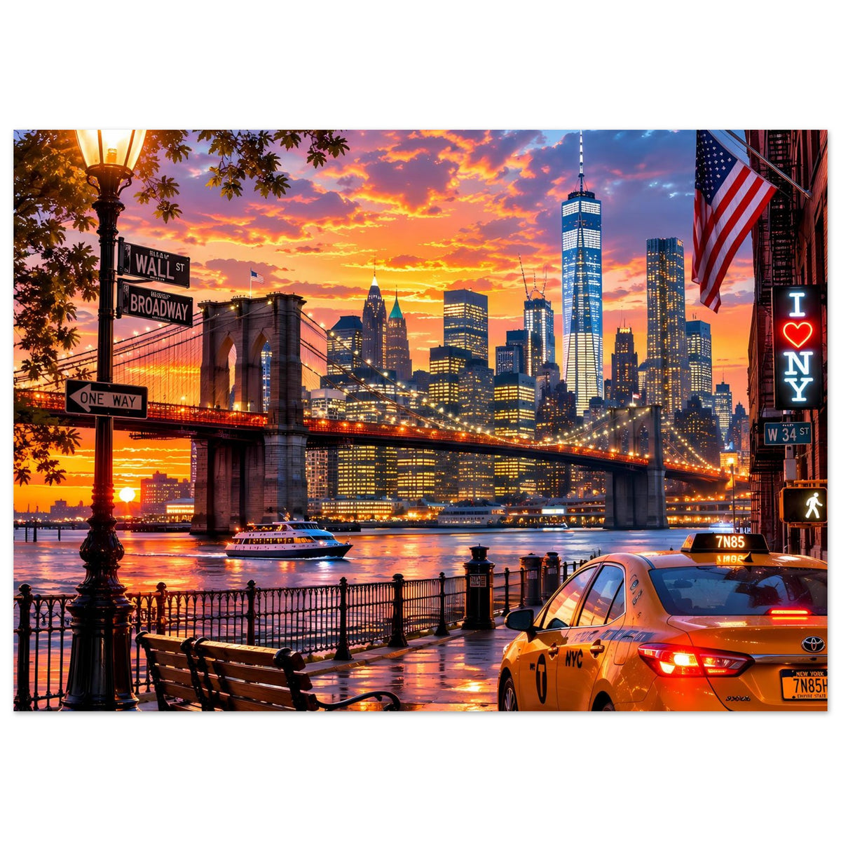 Poster mit New York Skyline bei Abendrot, Brooklyn Bridge, US-Flagge, Gelbtaxi am Ufer