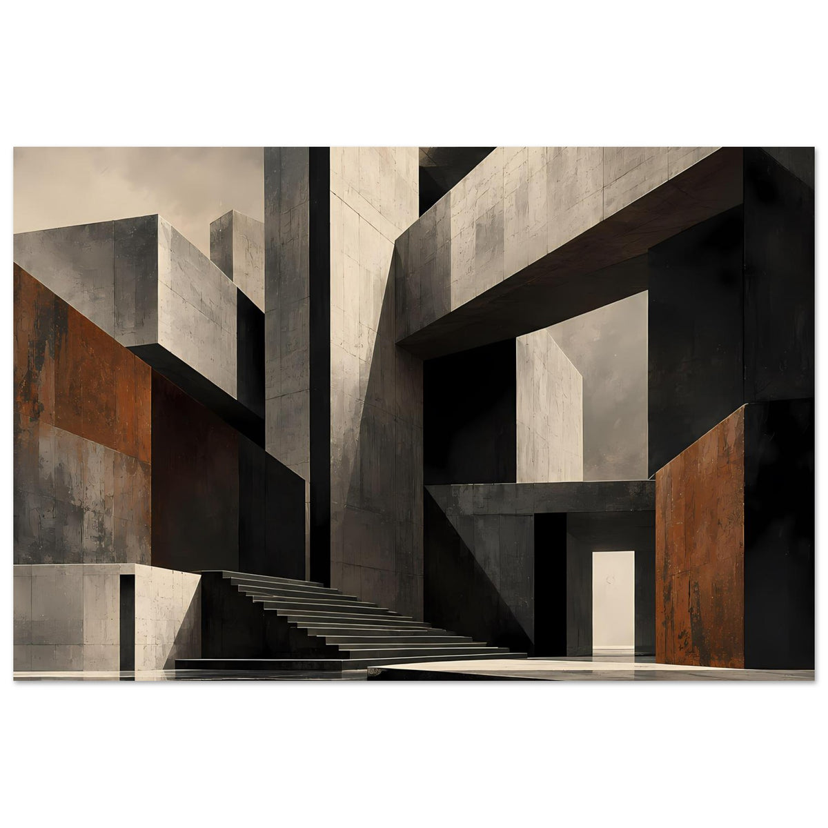 Architekturposter mit geometrischer Treppe, hellen Betonflächen, dunklen Säulen und rostfarbenem Paneel