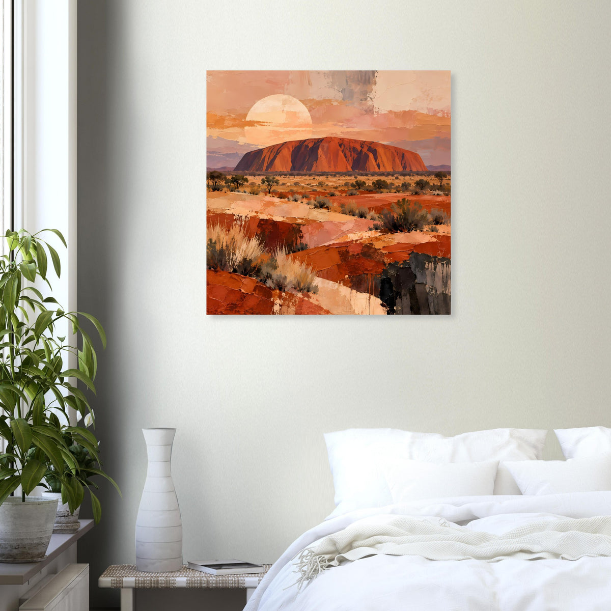 Wüstenlandschafts-Poster mit Uluru im Sonnenlicht, warmen Erdtönen, quadratisch