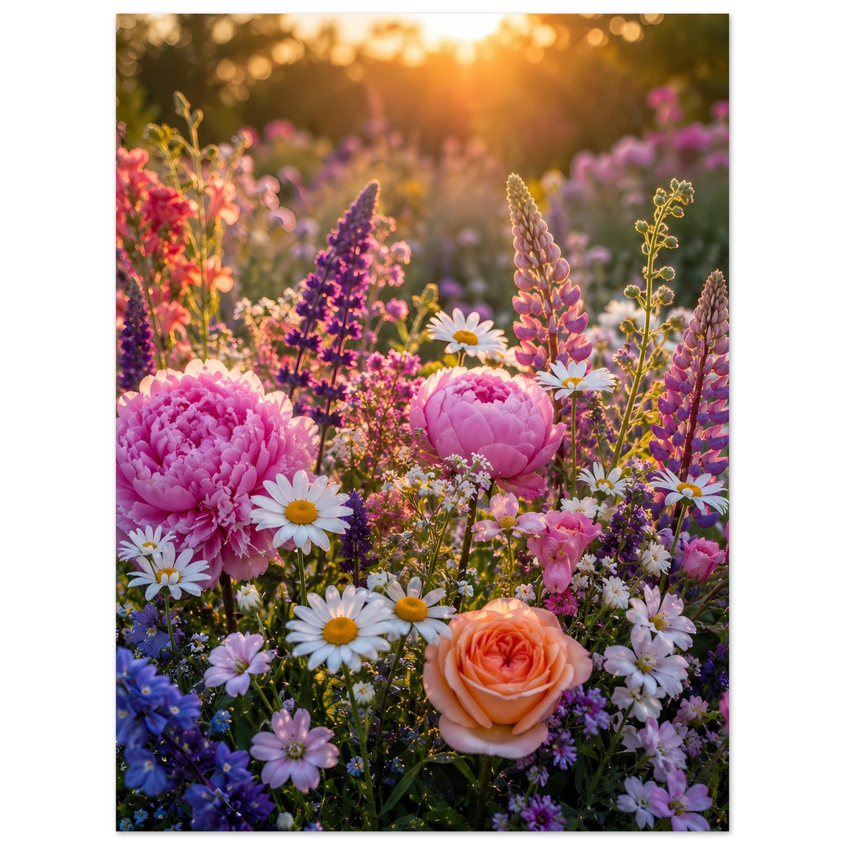 Blumenmeer-Poster mit rosa und violetten Blüten, gelben Gänseblümchen und orangefarbener Rose.