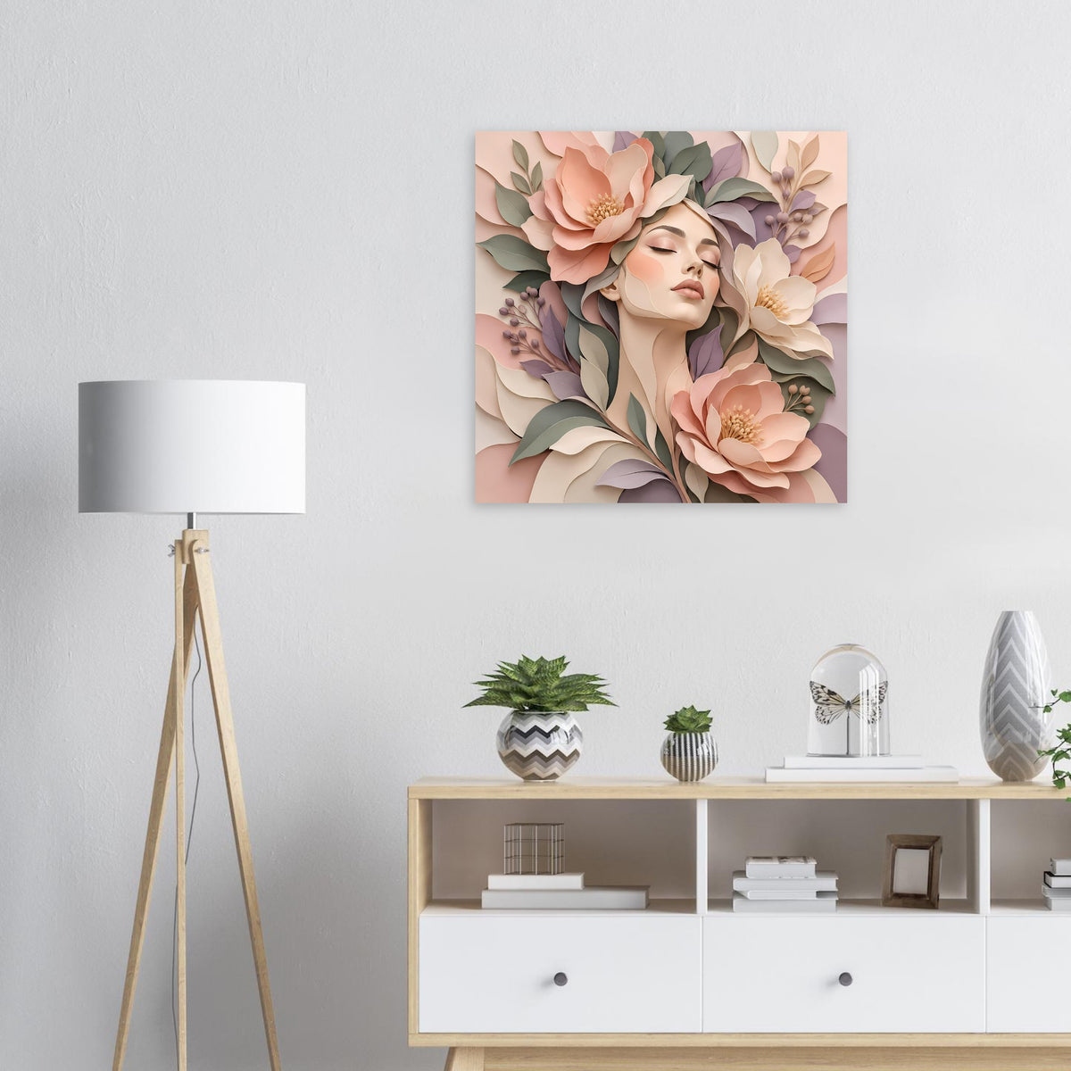Quadratisches Wandposter: blumiges Portrait einer Frau mit geschlossenen Augen, Pastellfarben