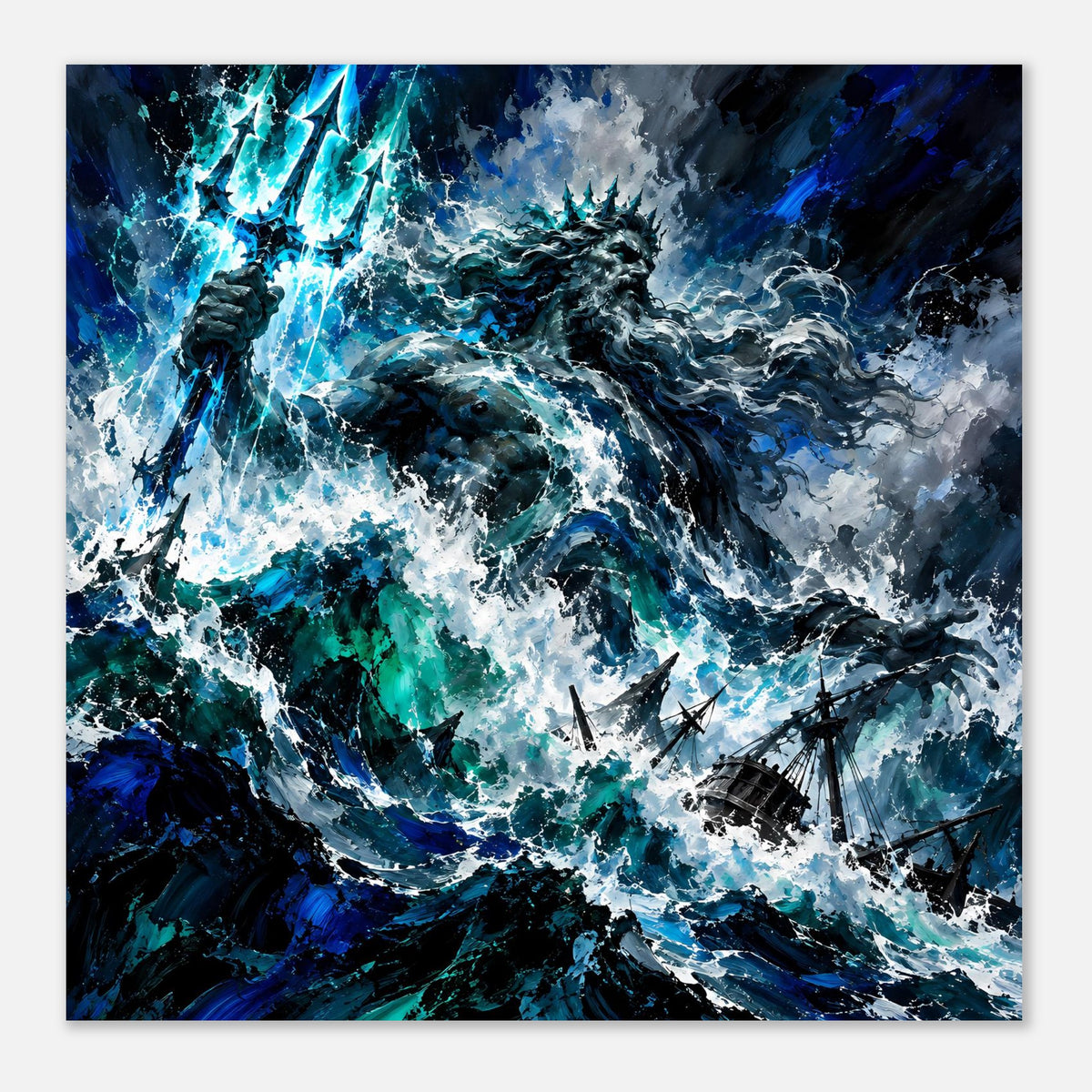 Sturm-Poster im Querformat, Poseidon zwischen stürmischen Wellen und dunklen Wolken