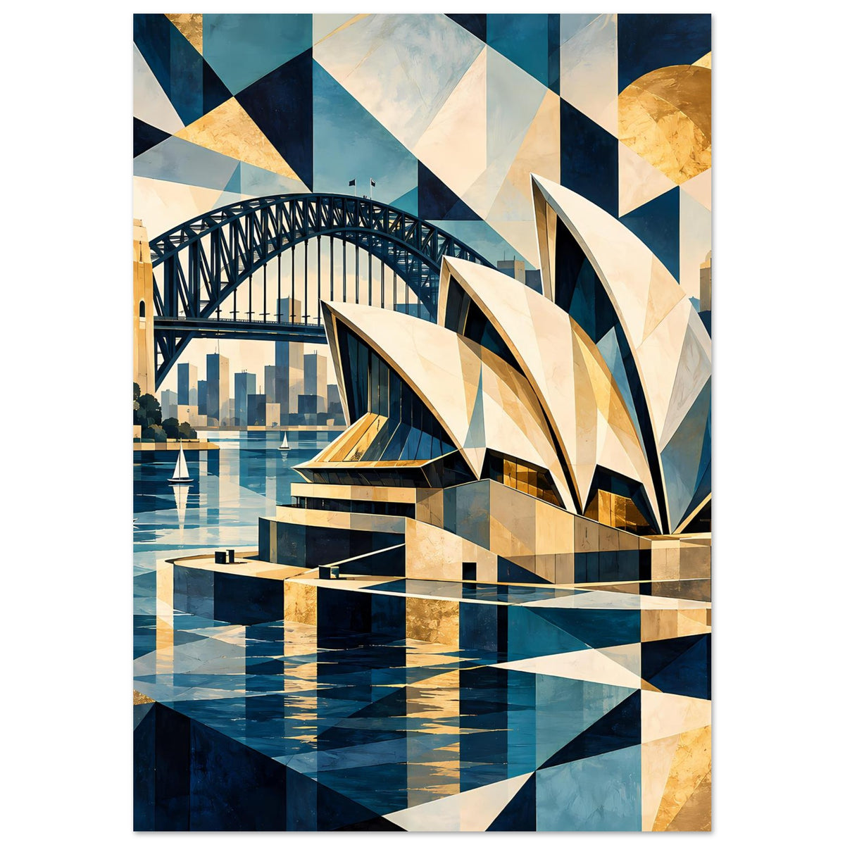 Kunstdruck (hochkant) mit geometrischem Sydney-Motiv: Opernhaus mit goldenen Akzenten