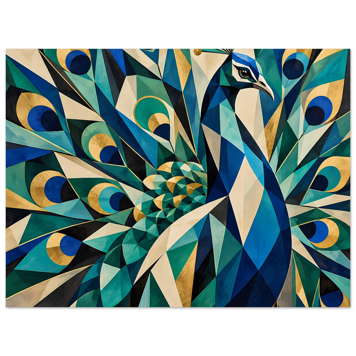 Geometrisches Pfau-Poster im Querformat, blauer Pfauenkopf und Fächerfedern