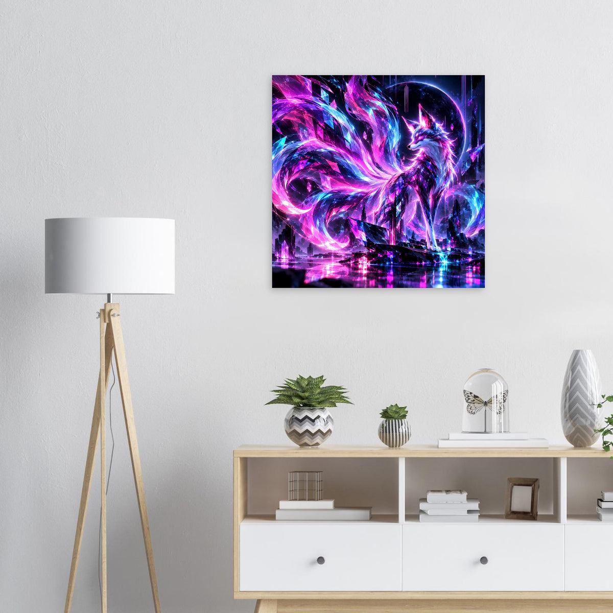 Quadratisches Fantasy-Poster mit leuchtendem Neon-Fuchs in violett-blauer Flammenoptik