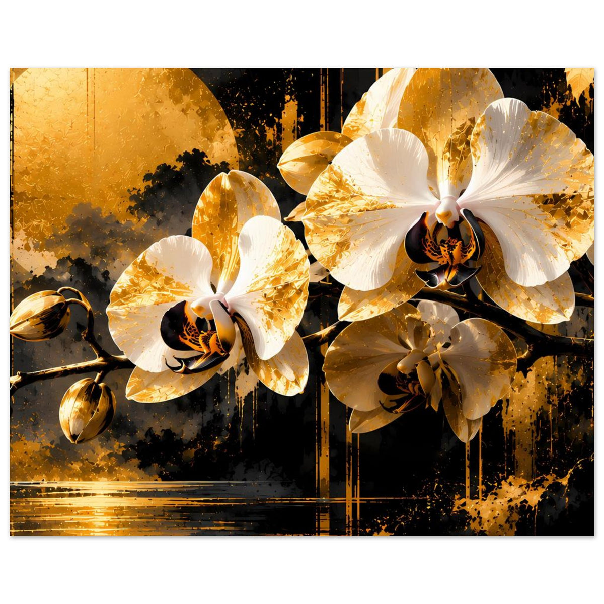Blumenposter mit großen Orchideenblüten in Weiß und Gold, dunkler abstrakter Farbverlauf