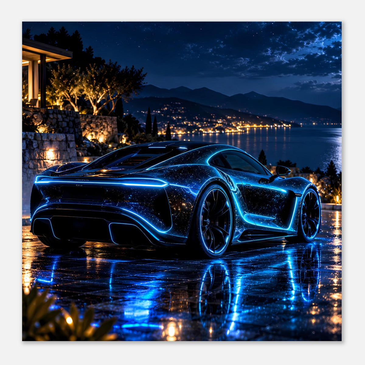 Neon-blaues Autoposter im Quadratformat: Sportwagen bei Nacht und blaue Spiegelung