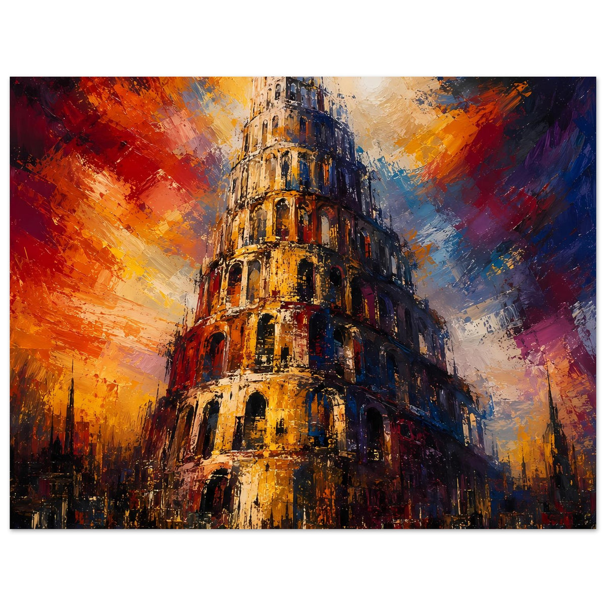 Wandposter Turm von Babel, abstrakte Malerei in Orange- und Blautönen, horizontal