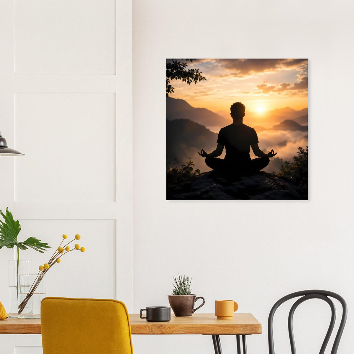 Quadratisches Poster: Silhouette im Lotussitz bei Sonnenuntergang über Hügeln, schwarz gerahmt
