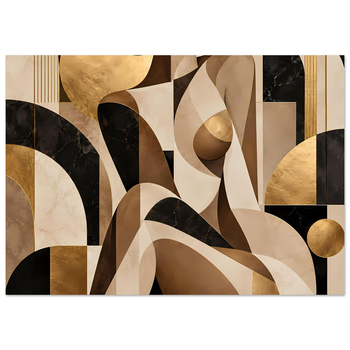 Abstraktes Kunstposter mit Frauenfigur in Beige, Braun, Gold und Schwarz, geometrische Formen