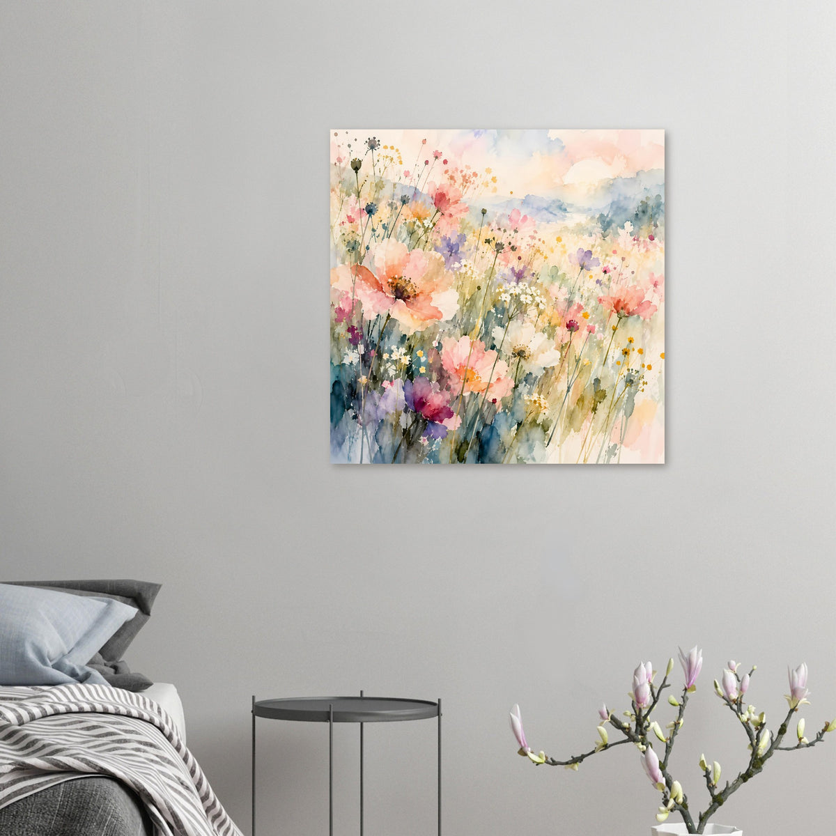 Kleines Aquarell-Poster mit Pastell-Wildblumen, Blüten und Stängel, quadratisch