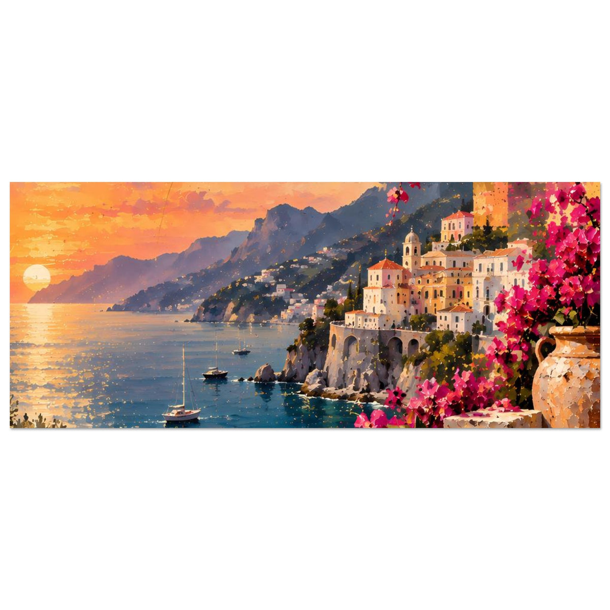 Breites Poster: Küstenlandschaft am Sonnenuntergang mit Booten, pinken Blüten und Stadtfassaden
