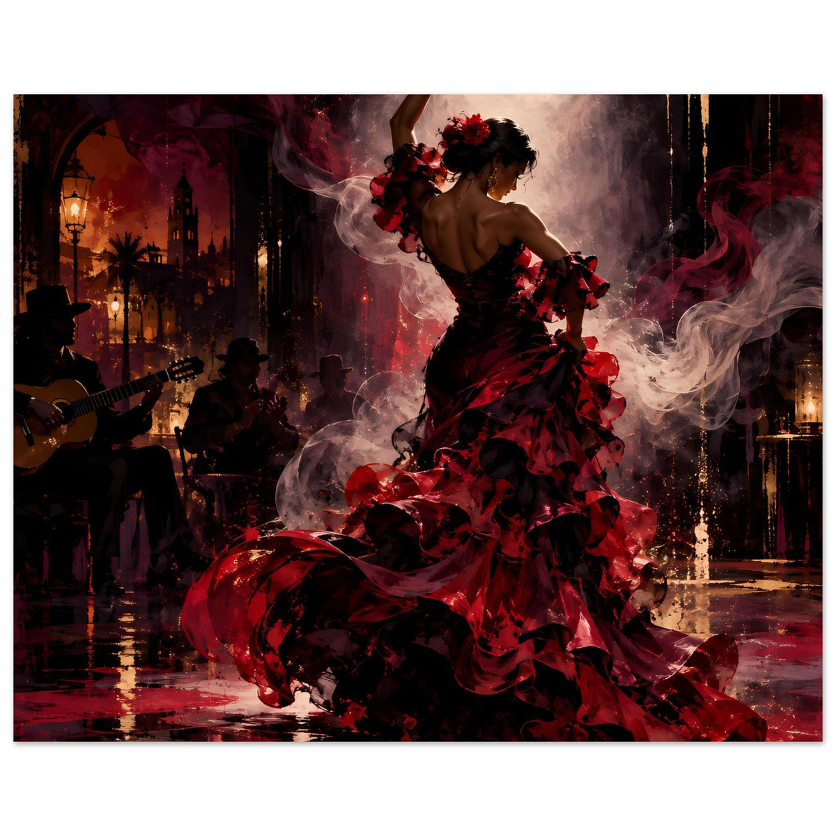 Flamenco-Passion Poster: Flamenco-Tänzerin im roten und dunklen Kleid mit geschwungenem Rock