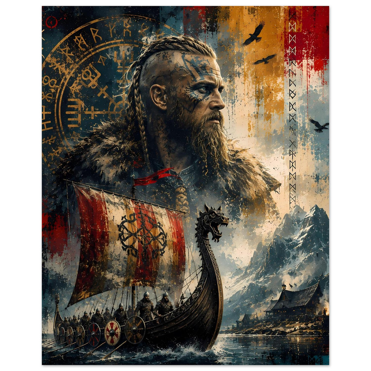 Wikingersaga-Poster: Bartmann mit Fellumhang, Langschiff, Runen und Flaggen