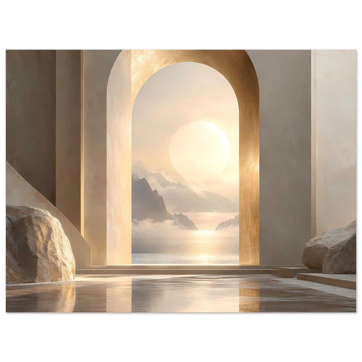 Wandposter mit goldenem Torbogen, Sonnenaufgangslandschaft über Meer und Bergkonturen