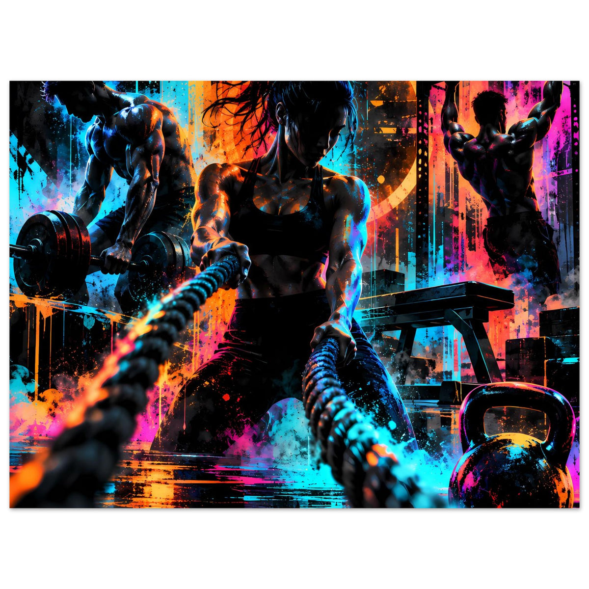 Neon-Fitnessposter, breiter Motivbereich mit Sportlern, Gewichten und orange-blauen Lichtspuren
