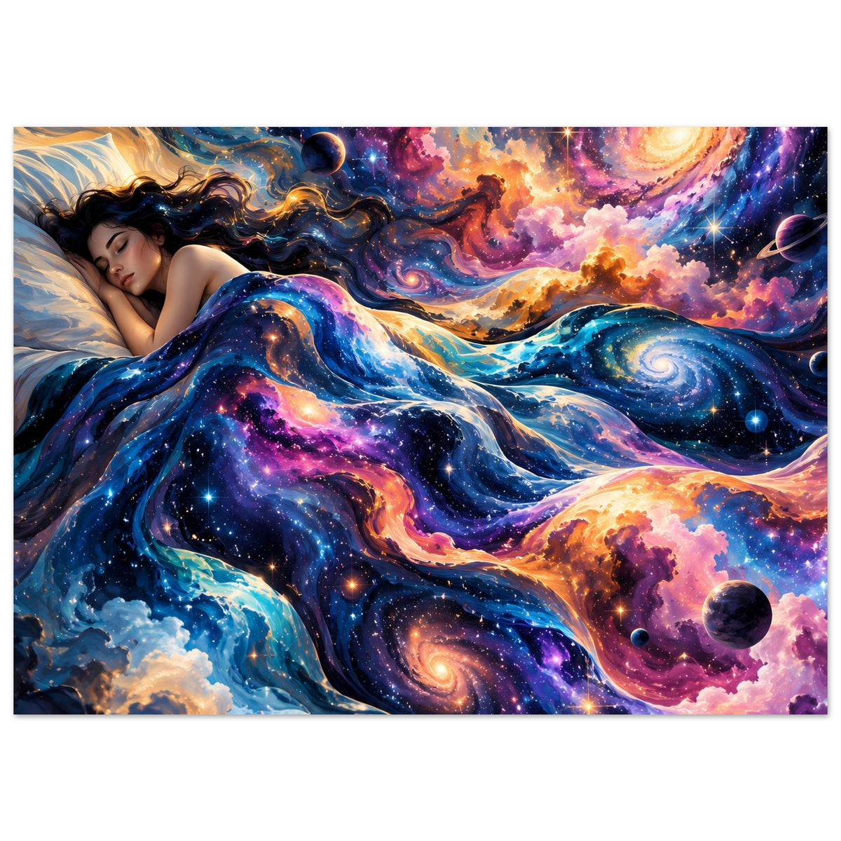 Horizontales Poster mit Galaxie-Design: schlafende Frau zwischen bunten Nebeln