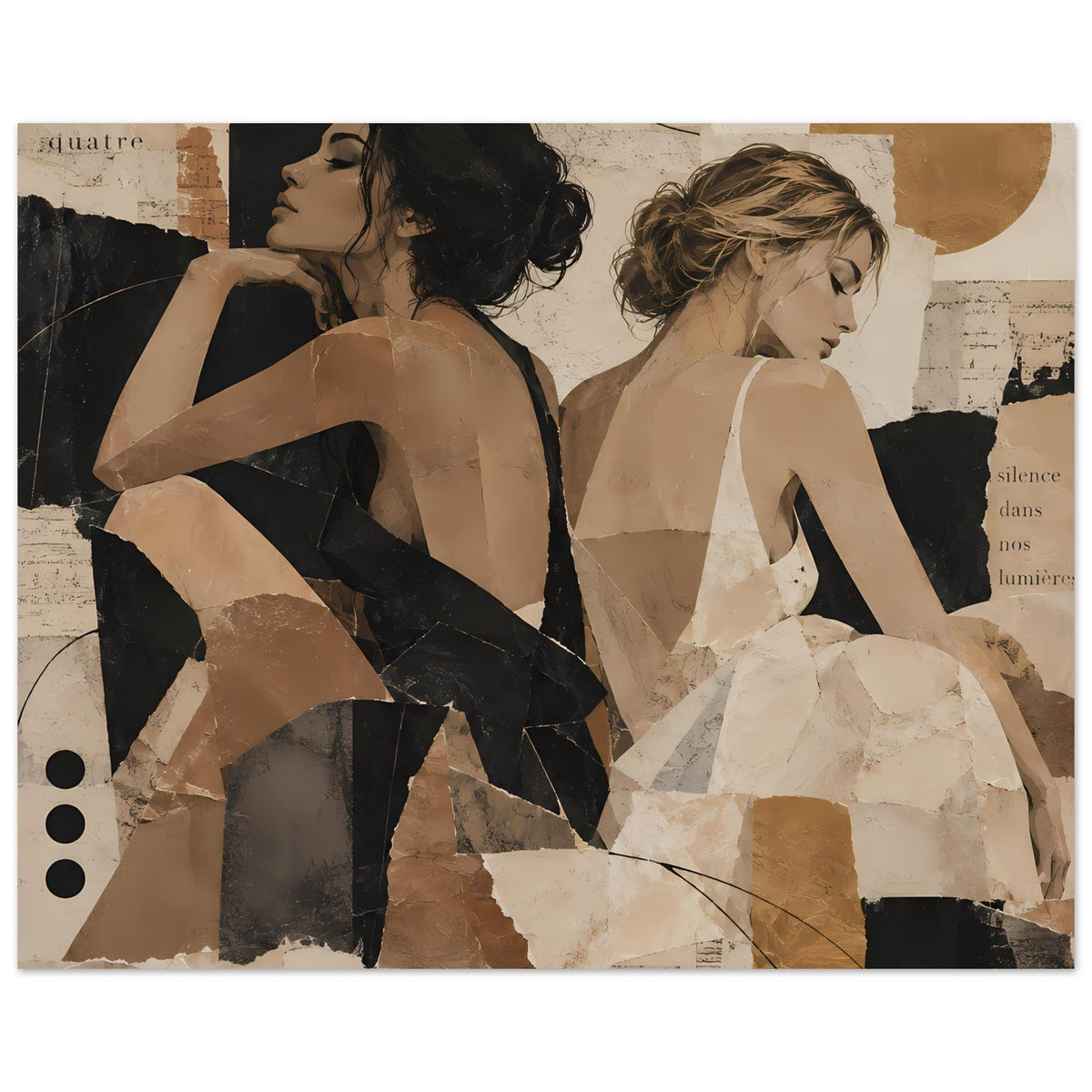 Breitformatiges Collage-Poster mit zwei Frauenprofilen, beige-schwarz, geometrische Segmente