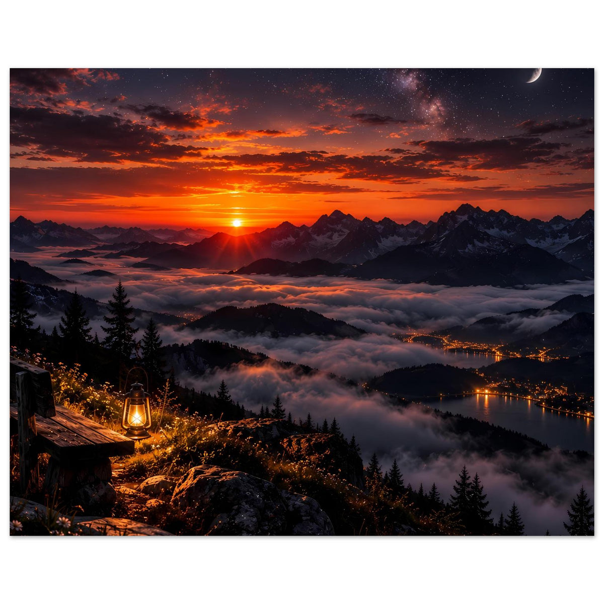 Landschaftsposter mit Sonnenuntergang, Bergen, Nebel über dem See und Tannenwald, Laterne