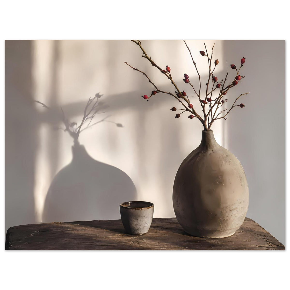 Stilllebenposter im Querformat mit beiger Vase, roten Beerenzweigen und Keramikbecher auf Holz